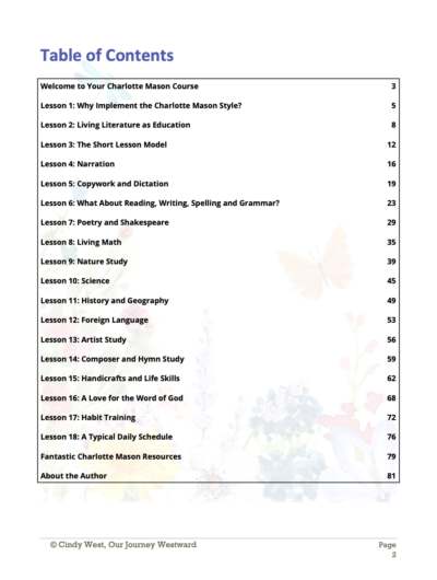 table of contents from a book